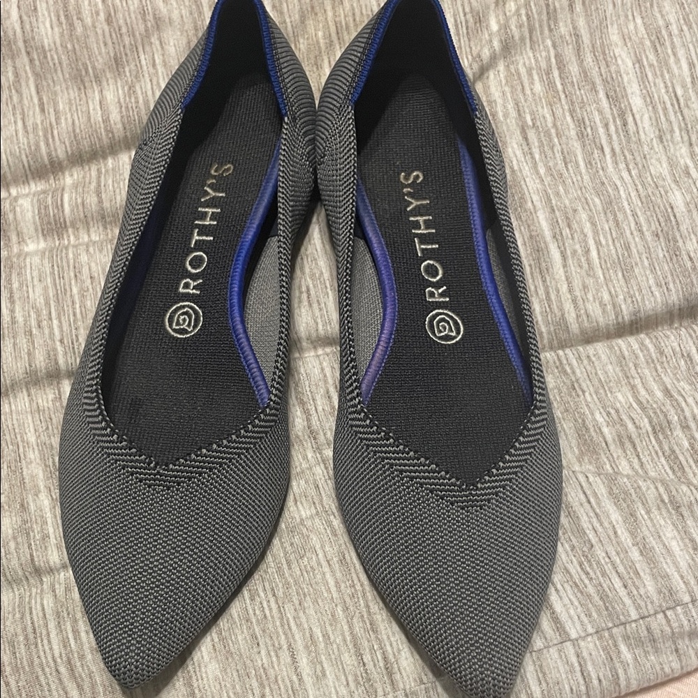 Rothy's Pointed Knit Flats in Gray with Blue Trim
